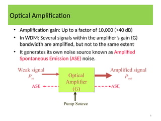 Optical Amplification
4
• Amplification gain: Up to a factor of 10,000 (+40 dB)
• In WDM: Several signals within the amplifier’s gain (G)
bandwidth are amplified, but not to the same extent
• It generates its own noise source known as Amplified
Spontaneous Emission (ASE) noise.
Optical
Amplifier
(G)
Weak signal
Pin
Amplified signal
Pout
ASE ASE
Pump Source
 