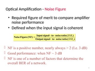 Optical Amplification - Noise Figure
6
• Required figure of merit to compare amplifier
noise performance
• Defined when the input signal is coherent
)
(
ratio
noise
to
signal
Output
)
(
ratio
noise
to
signal
Input
(NF)
Figure
Noise
o
i
SNR
SNR





 NF is a positive number, nearly always > 2 (I.e. 3 dB)
 Good performance: when NF ~ 3 dB
 NF is one of a number of factors that determine the
overall BER of a network.
 