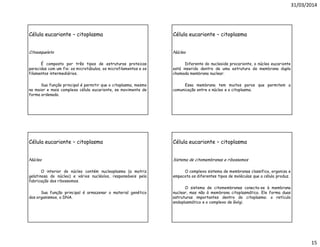 31/03/2014
15
Célula eucarionte – citoplasma
Citoesqueleto
É composto por três tipos de estruturas proteicas
parecidas com um fio: os microtúbulos, os microfilamentos e os
filamentos intermediários.
Sua função principal é permitir que o citoplasma, mesmo
na maior e mais complexa célula eucarionte, se movimente de
forma ordenada.
Célula eucarionte – citoplasma
Núcleo
Diferente do nucleoide procarionte, o núcleo eucarionte
está inserido dentro de uma estrutura de membrana dupla
chamada membrana nuclear.
Essa membrana tem muitos poros que permitem a
comunicação entre o núcleo e o citoplasma.
Célula eucarionte – citoplasma
Núcleo
O interior do núcleo contém nucleoplasma (a matriz
gelatinosa do núcleo) e vários nucléolos, responsáveis pela
fabricação dos ribossomos.
Sua função principal é armazenar o material genético
dos organismos, o DNA.
Célula eucarionte – citoplasma
Sistema de citomembranas e ribossomos
O complexo sistema de membranas classifica, organiza e
empacota os diferentes tipos de moléculas que a célula produz.
O sistema de citomembranas conecta-se à membrana
nuclear, mas não à membrana citoplasmática. Ele forma duas
estruturas importantes dentro do citoplasma: o retículo
endoplasmático e o complexo de Golgi.
 