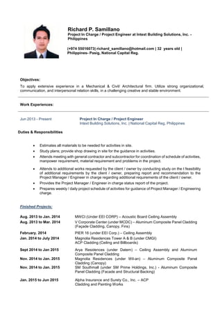 Richard P. Samillano
Project In Charge / Project Engineer at Intext Building Solutions, Inc. -
Philippines
(+974 55016073| richard_samillano@hotmail.com | 32 years old |
Philippines- Pasig, National Capital Reg.
Objectives:
To apply extensive experience in a Mechanical & Civil/ Architectural firm. Utilize strong organizational,
communication, and interpersonal relation skills, in a challenging creative and stable environment.
Work Experiences:
Jun 2013 - Present Project In Charge / Project Engineer
Intext Building Solutions, Inc. | National Capital Reg, Philippines
Duties & Responsibilities
 Estimates all materials to be needed for activities in site.
 Study plans; provide shop drawing in site for the guidance in activities.
 Attends meeting with general contractor and subcontractor for coordination of schedule of activities,
manpower requirement, material requirement and problems in the project.
 Attends to additional works requested by the client / owner by conducting study on the t feasibility
of additional requirements by the client / owner, preparing report and recommendation to the
Project Manager / Engineer in charge regarding additional requirements of the client / owner.
 Provides the Project Manager / Engineer in charge status report of the project.
 Prepares weekly / daily project schedule of activities for guidance of Project Manager / Engineering
charge.
Finished Projects:
Aug. 2013 to Jan. 2014 MWCI (Under EEI CORP) – Acoustic Board Ceiling Assembly
Aug. 2013 to Mar. 2014 V Corporate Center (under MCDC) – Aluminum Composite Panel Cladding
(Façade Cladding, Canopy, Fins)
February. 2014 PIER 16 (under EEI Corp.) – Ceiling Assembly
Jan. 2014 to July 2014 Magnolia Residences Tower A & B (under CMGI)
ACP Cladding (Ceiling and Billboards)
Sept 2014 to Jan 2015 Arya Residences (under Datem) – Ceiling Assembly and Aluminum
Composite Panel Cladding
Nov. 2014 to Jan. 2015 Magnolia Residences (under Wil-an) – Aluminum Composite Panel
Cladding (Canopy)
Nov. 2014 to Jan. 2015 SM Southmall (under SM Prime Holdings, Inc.) - Aluminum Composite
Panel Cladding (Facade and Structural Backing)
Jan. 2015 to Jun 2015 Alpha Insurance and Surety Co., Inc. – ACP
Cladding and Painting Works
 