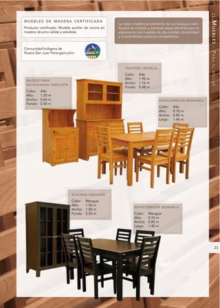 :: MUEBLES - PARA
MUEBLES DE MADERA CERTIFICADA
                                                     La mejor madera proveniente de sus bosques certi-
Producto certificado: Mueble auxiliar de cocina en   ficados es cortada y estufada especialmente para la
madera de pino sólida y estufada                     elaboración de muebles de alta calidad, durabilidad
                                                     y funcionalidad a precios competitivos.


Comunidad Indígena de
Nuevo San Juan Parangaricutiro




                                                                                                            EL HOGAR
                                                         TRASTERO MORELIA

                                                         Color:   Aile
                                                         Alto:    1.92 m
 MUEBLE PARA
                                                         Ancho:   1.16 m
 MICROONDAS PARICUTÍN
                                                         Fondo:   0.48 m
 Color:   Aile
 Alto:    1.20 m
 Ancho:   0.64 m                                                              ANTECOMEDOR MONARCA
 Fondo:   0.50 m
                                                                              Color:   Aile
                                                                              Alto:    0.76 m
                                                                              Ancho:   0.85 m
                                                                              Largo:   1.40 m




                             ALACENA ZIRAHUÉN

                             Color:   Wengue
                             Alto:    1.50 m
                                                              ANTECOMEDOR MONARCA
                             Ancho:   1.00 m
                             Fondo:   0.50 m                  Color:   Wengue
                                                              Alto:    0.76 m
                                                              Ancho:   0.85 m
                                                              Largo:   1.40 m




                                                                                                                   23
 