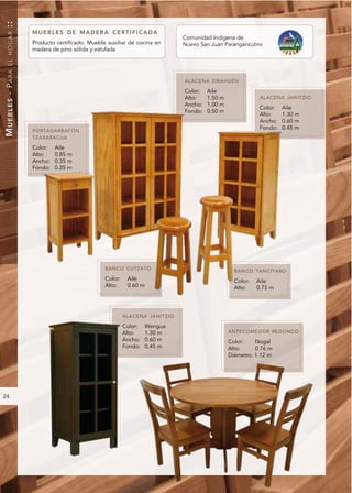 ::

                 MUEBLES DE MADERA CERTIFICADA
    EL HOGAR



                                                                         Comunidad Indígena de
                 Producto certificado: Mueble auxiliar de cocina en      Nuevo San Juan Parangaricutiro
                 madera de pino sólida y estufada
MUEBLES - PARA




                                                                         ALACENA ZIRAHUÉN

                                                                         Color:   Aile
                                                                         Alto:    1.50 m               ALACENA JANITZIO
                                                                         Ancho:   1.00 m
                                                                                                       Color:   Aile
                                                                         Fondo:   0.50 m
                                                                                                       Alto:    1.30 m
                                                                                                       Ancho:   0.60 m
                                                                                                       Fondo:   0.45 m
                 PORTAGARRAFÓN
                 TZARARACUA

                 Color:   Aile
                 Alto:    0.85 m
                 Ancho:   0.35 m
                 Fondo:   0.35 m




                                             BANCO CUTZATO                                   BANCO TANCÍTARO
                                             Color:    Aile                                  Color:   Aile
                                             Alto:     0.60 m                                Alto:    0.75 m




                                                      ALACENA JANITZIO

                                                      Color:    Wengue
                                                      Alto:     1.30 m                     ANTECOMEDOR REDONDO
                                                      Ancho:    0.60 m                     Color:    Nogal
                                                      Fondo:    0.45 m                     Alto:     0.76 m
                                                                                           Diámetro: 1.12 m




24
 