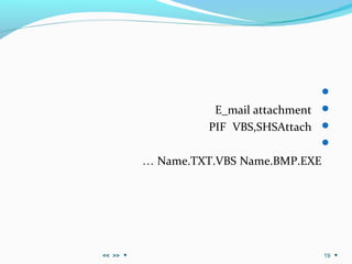 
E_mail attachment
AttachVBS,SHSPIF

Name.BMP.EXEName.TXT.VBS…
>><< 19
 