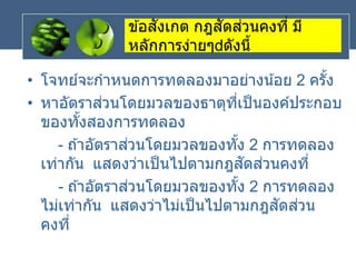 ข ้อสังเกต กฎสัดส่วนคงที่ มี
หลักการง่ายๆ ดังนี้
• โจทย์จะกาหนดการทดลองมาอย่างน้อย 2 ครั้ง
• หาอัตราส่วนโดยมวลของธาตุที่เป็นองค์ประกอบ
ของทั้งสองการทดลอง
- ถ ้าอัตราส่วนโดยมวลของทั้ง 2 การทดลอง
เท่ากัน แสดงว่าเป็นไปตามกฎสัดส่วนคงที่
- ถ ้าอัตราส่วนโดยมวลของทั้ง 2 การทดลอง
ไม่เท่ากัน แสดงว่าไม่เป็นไปตามกฎสัดส่วน
คงที่
 