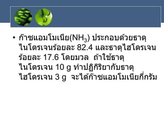 • ก๊าซแอมโมเนีย(NH3) ประกอบด ้วยธาตุ
ไนโตรเจนร ้อยละ 82.4 และธาตุไฮโดรเจน
ร ้อยละ 17.6 โดยมวล ถ ้าใช ้ธาตุ
ไนโตรเจน 10 g ทาปฏิกิริยากับธาตุ
ไฮโดรเจน 3 g จะได ้ก๊าซแอมโมเนียกี่กรัม
 