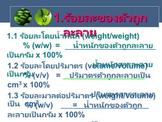 1.ร้อยละของตัวถูก
ละลาย
1.3 ร้อยละมวลต่อปริมาตร (weight/volume)
% (w/v) = น้าหนักของตัวถูก
ละลายเป็ นกรัม x 100%
1.2 ร้อยละโดยปริมาตร (volume/volume)
% (v/v) = ปริมาตรตัวถูกละลายเป็ น
cm3 x 100%
ปริมาตรสารละลาย
เป็ น cm3
1.1 ร้อยละโดยน้าหนัก (weight/weight)
% (w/w) = น้าหนักของตัวถูกละลาย
เป็ นกรัม x 100%
น้าหนักสารละลาย
เป็ นกรัม
 