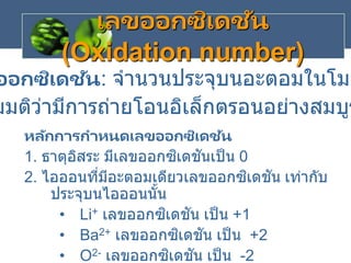 เลขออกซิเดชัน
(Oxidation number)
หลักการกาหนดเลขออกซิเดชัน
1. ธาตุอิสระ มีเลขออกซิเดชันเป็น 0
2. ไอออนที่มีอะตอมเดียวเลขออกซิเดชัน เท่ากับ
ประจุบนไอออนนั้น
• Li+ เลขออกซิเดชัน เป็น +1
• Ba2+ เลขออกซิเดชัน เป็น +2
• O2- เลขออกซิเดชัน เป็น -2
ออกซิเดชัน: จานวนประจุบนอะตอมในโมเ
มมติว่ามีการถ่ายโอนอิเล็กตรอนอย่างสมบูร
 