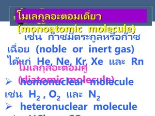 เช่น ก๊าซมีตระกูลหรือก๊าซ
เฉื่อย (noble or inert gas)
ได้แก่ He, Ne, Kr, Xe และ Rn
โมเลกุลอะตอมเดี่ยว
(monoatomic molecule)
โมเลกุลอะตอมคู่
(diatomic molecule)
 homonuclear molecule
เช่น H2 , O2 และ N2
 heteronuclear molecule
 