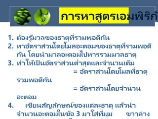 การหาสูตรเอมพิริกล
1. ต้องรู ้มวลของธาตุที่รวมพอดีกัน
2. หาอัตราส่วนโดยโมลอะตอมของธาตุที่รวมพอดี
กัน โดยนามวลอะตอมไปหารรวมมวลธาตุ
3. ทาให้เป็ นอัตราส่วนต่าสุดและจานวนเต็ม
= อัตราส่วนโดยโมลที่ธาตุ
รวมพอดีกัน
= อัตราส่วนโดยจานวน
อะตอม
4. เขียนสัญลักษณ์ของแต่ละธาตุ แล้วนา
จานวนอะตอมในข้อ 3 มาใส่ที่มุม ขวาล่าง
 