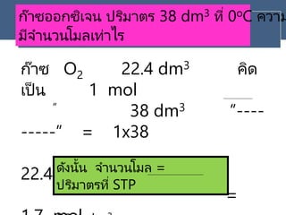 ก๊าซออกซิเจน ปริมาตร 38 dm3 ที่ 0oC ความ
มีจานวนโมลเท่าไร
ก๊าซ O2 22.4 dm3 คิด
เป็ น 1 mol
” 38 dm3 ”----
-----” = 1x38
22.4
=
ดังนั้น จานวนโมล =
ปริมาตรที่ STP
 