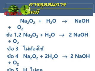 ตัวอย่าง
Na2O2 + H2O  NaOH
+ O2
ข้อ 1,2 Na2O2 + H2O  2 NaOH
+ O2
ข้อ 3 ไม่ต้องใช้
ข้อ 4 Na2O2 + 2H2O  2 NaOH
+ O2
การดุลสมการ
เคมี
 
