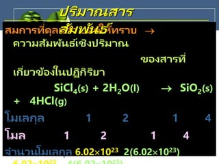 สมการที่ดุลแล้ว บอกให้ทราบ 
ความสัมพันธ ์เชิงปริมาณ
ของสารที่
เกี่ยวข้องในปฏิกิริยา
SiCl4(s) + 2H2O(l)  SiO2(s)
+ 4HCl(g)
โมเลกุล 1 2 1 4
โมล 1 2 1 4
จานวนโมเลกุล 6.021023 2(6.021023)
ปริมาณสาร
สัมพันธ ์
 