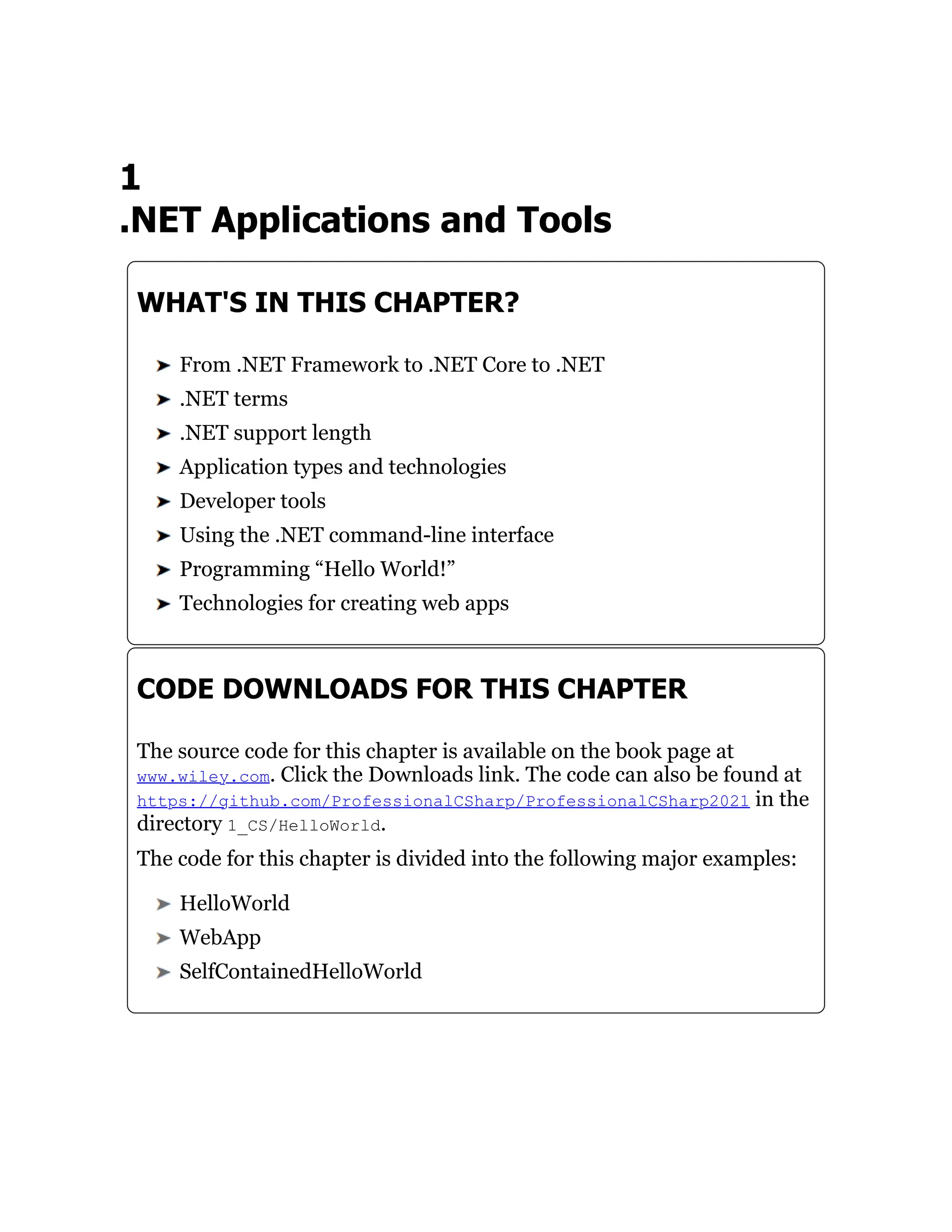 1
.NET Applications and Tools
WHAT'S IN THIS CHAPTER?
From .NET Framework to .NET Core to .NET
.NET terms
.NET support length
Application types and technologies
Developer tools
Using the .NET command-line interface
Programming “Hello World!”
Technologies for creating web apps
CODE DOWNLOADS FOR THIS CHAPTER
The source code for this chapter is available on the book page at
www.wiley.com. Click the Downloads link. The code can also be found at
https://github.com/ProfessionalCSharp/ProfessionalCSharp2021 in the
directory 1_CS/HelloWorld.
The code for this chapter is divided into the following major examples:
HelloWorld
WebApp
SelfContainedHelloWorld
 
