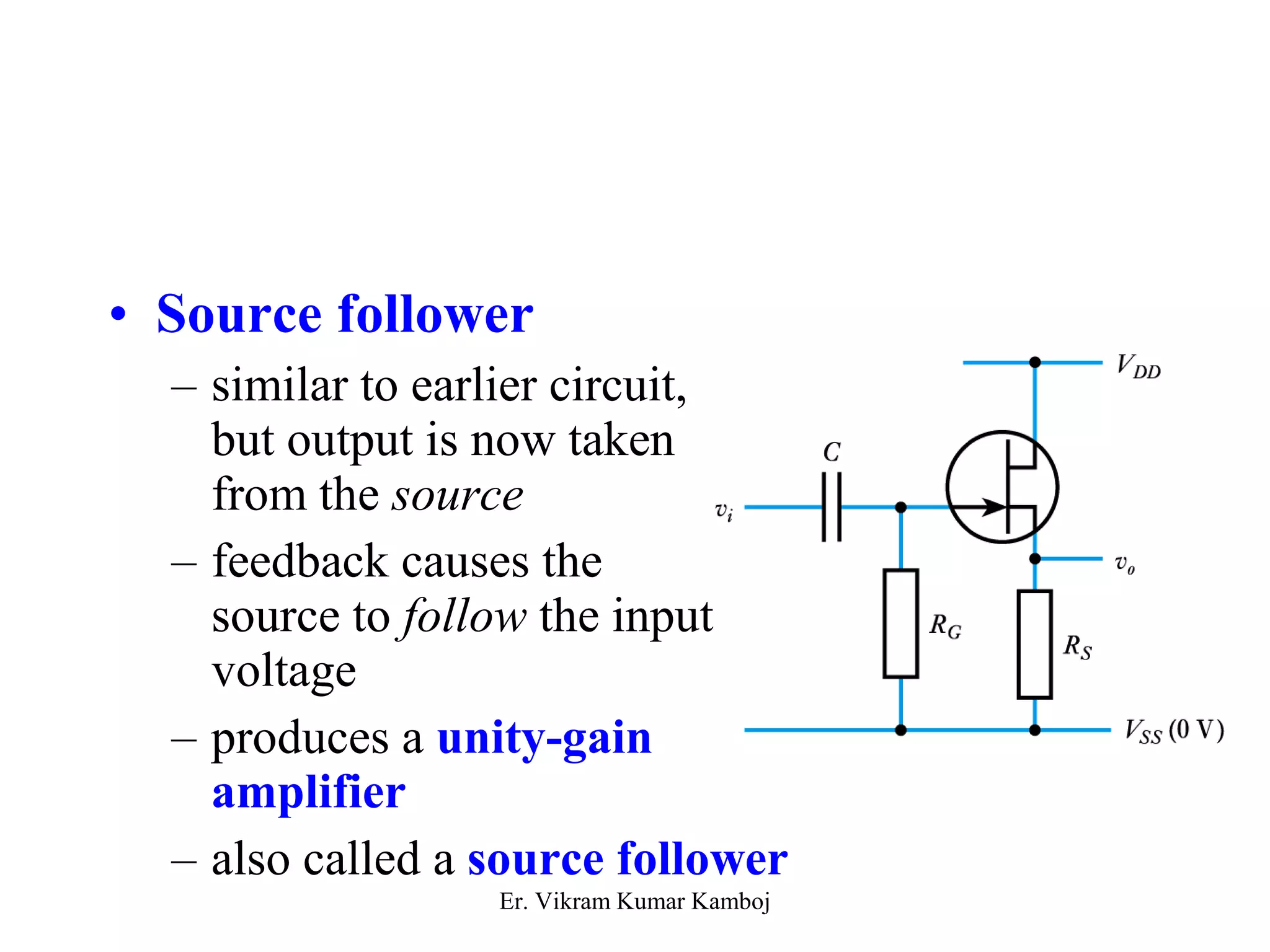 • Source follower 
– similar to earlier circuit, 
but output is now taken 
from the source 
– feedback causes the 
source to follow the input 
voltage 
– produces a unity-gain 
amplifier 
– also called a source follower 
Er. Vikram Kumar Kamboj 
 
