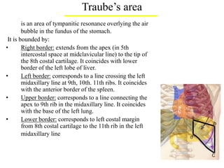 Traube’s area
is an area of tympanitic resonance overlying the air
bubble in the fundus of the stomach.
It is bounded by:
• Right border: extends from the apex (in 5th
intercostal space at midclavicular line) to the tip of
the 8th costal cartilage. It coincides with lower
border of the left lobe of liver.
• Left border: corresponds to a line crossing the left
midaxillary line at 9th, 10th. 11th ribs. It coincides
with the anterior border of the spleen.
• Upper border: corresponds to a line connecting the
apex to 9th rib in the midaxillary line. It coincides
with the base of the left lung.
• Lower border: corresponds to left costal margin
from 8th costal cartilage to the 11th rib in the left
midaxillary line.
 
