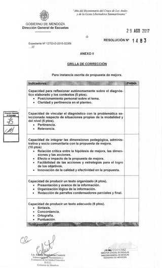 "Arlo del Bicentenario del Cruce de Los Andes
y de la Gesta Libertadora Sanmartiniana"
4.1
GOBIERNO DE MENDOZA
Direction General de Escuelas
-2-
Expediente N° 12703-D-2015-02369
RESOLUCION N° 1 4 8 3
ANEXO II
GRILLA DE CORRECCION
Para instancia escrita de propuesta de mejora.
Indftdbre . ,t un jeP - ta"
Capacidad para reflexionar autOnomamente sobre el diagnos-
tico elaborado y los contextos (5 ptos).
• Posicionamiento personal sobre el tema.
• Claridad y pertinencia en el planteo.
Capacidad de vincular el diagnostico con la problemAtica se-
leccionada respecto de situaciones propias de Ia modalidad y
del nivel (5 ptos).
• Pertinencia.
• Relevancia.
Capacidad de integrar las dimensiones pedagOgica, adminis-
trativa y socio comunitaria con Ia propuesta de mejora.
(10 ptos)
• Relation critica entre Ia hipOtesis de mejora, las dimen-
siones y las acciones.
• Efecto e impacto de la propuesta de mejora.
• Factibilidad de las acciones y estrategias para el logro
de los objetivos.
• Innovation de la calidad y efectividad en la propuesta.
Capacidad de producir un texto organizado (4 ptos).
• Presentation y avance de la informaciOn.
• Organization logica de Ia informaci6n.
• Redaction de pArrafos condensadores parciales y final.
Capacidad de producir un texto adecuado (6 ptos).
• Sintaxis.
• Concordancia.
• 0 rtog rafia.
• PuntuaciOn.
Malifidithrela ,.., ..,,i.te
s
.i ' '
Lic. E na Cunietti
Subsecre e Planearniento y
Evaluation de la Calidad Educativa
Gobierno de Mendoza
JAI
DIRECTOR GENERAL DE ESCUELAS
DIRECOON GENERAL DE ESCUELAS
GOB: ERNO DE MENDOZA
2 9 AGO 2017
 