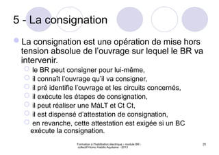 Formation à l'habilitation électrique - module BR -
collectif Homo Habilis Aquitaine - 2013
25
5 - La consignation
La consignation est une opération de mise hors
tension absolue de l’ouvrage sur lequel le BR va
intervenir.
 le BR peut consigner pour lui-même,
 il connaît l’ouvrage qu’il va consigner,
 il pré identifie l’ouvrage et les circuits concernés,
 il exécute les étapes de consignation,
 il peut réaliser une MàLT et Ct Ct,
 il est dispensé d’attestation de consignation,
 en revanche, cette attestation est exigée si un BC
exécute la consignation.
 