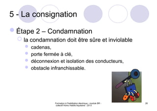 Formation à l'habilitation électrique - module BR -
collectif Homo Habilis Aquitaine - 2013
28
5 - La consignation
Étape 2 – Condamnation
 la condamnation doit être sûre et inviolable
 cadenas,
 porte fermée à clé,
 déconnexion et isolation des conducteurs,
 obstacle infranchissable.
 