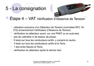 Formation à l'habilitation électrique - module BR -
collectif Homo Habilis Aquitaine - 2013
30
5 - La consignation
Étape 4 – VAT Vérification d’Absence de Tension
 utilisation exclusive d’un Détecteur de Tension (normalisé NFC 18-
310) anciennement Vérificateur d’Absence de Tension,
 vérification du détecteur avant, sur une PNST ou en auto-test,
 pas de voltmètre ni de testeur de phase,
 6 tests sur tous les conducteurs actifs, y compris le neutre,
 3 tests sur tous les conducteurs actifs et la Terre,
 1 test entre Neutre et Terre,
 vérification du détecteur après le dernier test.
 