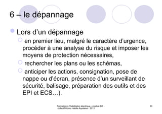 Formation à l'habilitation électrique - module BR -
collectif Homo Habilis Aquitaine - 2013
33
6 – le dépannage
Lors d’un dépannage
 en premier lieu, malgré le caractère d’urgence,
procéder à une analyse du risque et imposer les
moyens de protection nécessaires,
 rechercher les plans ou les schémas,
 anticiper les actions, consignation, pose de
nappe ou d’écran, présence d’un surveillant de
sécurité, balisage, préparation des outils et des
EPI et ECS…).
 