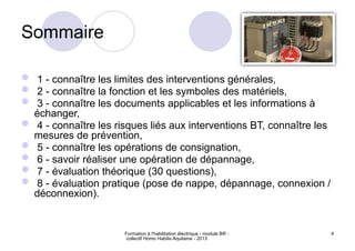 Formation à l'habilitation électrique - module BR -
collectif Homo Habilis Aquitaine - 2013
4
Sommaire
 1 - connaître les limites des interventions générales,
 2 - connaître la fonction et les symboles des matériels,
 3 - connaître les documents applicables et les informations à
échanger,
 4 - connaître les risques liés aux interventions BT, connaître les
mesures de prévention,
 5 - connaître les opérations de consignation,
 6 - savoir réaliser une opération de dépannage,
 7 - évaluation théorique (30 questions),
 8 - évaluation pratique (pose de nappe, dépannage, connexion /
déconnexion).
 