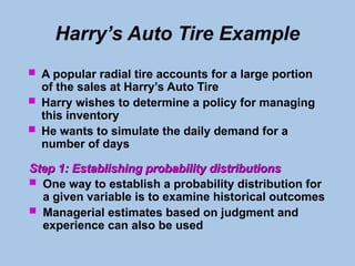 Harry’s Auto Tire Example
 A popular radial tire accounts for a large portion
of the sales at Harry’s Auto Tire
 Harry wishes to determine a policy for managing
this inventory
 He wants to simulate the daily demand for a
number of days
Step 1: Establishing probability distributions
Step 1: Establishing probability distributions
 One way to establish a probability distribution for
a given variable is to examine historical outcomes
 Managerial estimates based on judgment and
experience can also be used
 