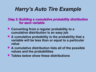 Harry’s Auto Tire Example
Step 2:
Step 2: Building a cumulative probability distribution
Building a cumulative probability distribution
for each variable
for each variable
 Converting from a regular probability to a
cumulative distribution is an easy job
 A cumulative probability is the probability that a
variable will be less than or equal to a particular
value
 A cumulative distribution lists all of the possible
values and the probabilities
 Tables below show these distributions
 