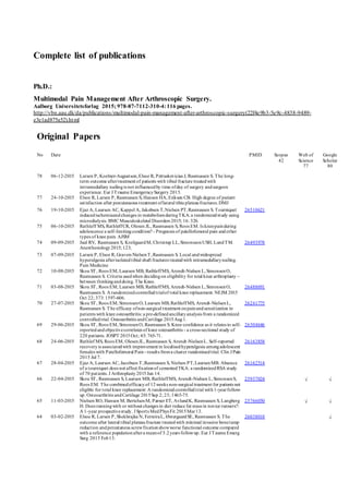 Complete list of publications
Ph.D.:
Multimodal Pain Management After Arthroscopic Surgery.
Aalborg Universitetsforlag 2015; 978-87-7112-310-4:116 pages.
http://vbn.aau.dk/da/publications/multimodal-pain-management-after-arthroscopic-surgery(22f4e9b3-5e9c-4838-9489-
e3e1ad875a52).html
Original Papers
No Date PMID Scopus
42
Web of
Science
77
Google
Scholar
80
78 06-12-2015 Larsen P, Koelner-Augustson,Elsoe R, Petruskevicius J, Rasmussen S. The long-
term outcome aftertreatment of patients with tibial fracture treatedwith
intramedullary nailingis not influencedby time ofday of surgery andsurgeon
experience. Eur J Traume EmergerncySurgery 2015.
77 24-10-2015 Elsoe R, Larsen P, Rasmussen S, Hansen HA, Eriksen CB. High degree of patient
satisfaction after percutaneous treatment oflateral tibia plateaufractures.DMJ
76 19-10-2015 Ejaz A, Laursen AC, Kappel A, Jakobsen T,Nielsen PT.Rasmussen S. Tourniquet
inducedischemiaandchanges in metabolismduringTKA: a randomizedstudy using
microdialysis. BMC Musculoskeletal Disorders 2015; 16: 326.
26510621
75 06-10-2015 Rathleff MS, RathleffCR, Olesen JL, Rasmussen S, Roos EM. Is kneepainduring
adolescence a self-limitingcondition? - Prognosis of patellofemoral pain andother
types of knee pain. AJSM
74 09-09-2015 Juul RV, Rasmussen S, KreilgaardM, Christrup LL,SimonssonUSH, LundTM.
Anesthesiology2015; 123;
26495978
73 07-09-2015 Larsen P, Elsoe R, Graven-NielsenT,Rasmussen S. Local andwidespread
hyperalgesia afterisolatedtibial shaft fractures treatedwith intramedullarynailing.
Pain Medicine
72 10-08-2015 Skou ST, Roos EM, Laursen MB, RathleffMS, Arendt-Nielsen L,SimonsenO,
Rasmussen S. Criteria usedwhen decidingon eligibility for total knee arthroplasty –
between thinkinganddoing. The Knee.
71 03-08-2015 Skou ST, Roos EM, Laursen MB, RathleffMS, Arendt-Nielsen L,SimonsenO,
Rasmussen S. A randomizedcontrolledtrialof total knee replacement. NEJM 2015
Oct 22; 373: 1597-606.
26488691
70 27-07-2015 Skou ST, Roos EM, SimonsenO, Laursen MB,RathleffMS, Arendt-NielsenL,
Rasmussen S. The efficacy ofnon-surgical treatment onpainandsensitization in
patients with knee osteoarthritis: a pre-definedancillaryanalysis from a randomized
controlledtrial. Osteoarthritis andCartilage 2015Aug1.
26241775
69 29-06-2015 Skou ST, Roos EM, SimonsenO, Rasmussen S. Knee confidence as it relates to self-
reportedandobjectivecorrelates of knee osteoarthritis - a cross-sectional study of
220 patients. JOSPT 2015Oct; 45: 765-71.
26304646
68 24-06-2015 Rathlef MS, Roos EM, OlesenJL, Rasmussen S, Arendt-NielsenL. Self-reported
recoveryis associatedwith improvement in localisedhyperalgesia amongadolescent
females with Patellofemoral Pain - results froma cluster randomisedtrial. Clin J Pain
2015 Jul 7.
26163858
67 28-04-2015 Ejaz A, Laursen AC, Jacobsen T,Rasmussen S, Nielsen PT,LaursenMB. Absence
of a tourniquet does not affect fixationof cementedTKA: a randomizedRSA study
of 70 patients. J Arthroplasty2015Jun 14.
26162514
66 22-04-2015 Skou ST, Rasmussen S, Laursen MB, RathleffMS, Arendt-Nielsen L,SimonsenS,
Roos EM. The combinedefficacyof 12weeks non-surgical treatment for patients not
eligible for total knee replacement: A randomizedcontrolledtrial with1-yearfollow-
up. Osteoarthritis andCartilage 2015Sep 2; 23; 1465-75.
25937024  
65 11-03-2015 Nielsen RO, Hansen M, BertelsenM, Parner ET, AvlundK, Rasmussen S, Langberg
H. Does runningwith or without changes in diet reduce fat mass in novice runners?:
A 1-year prospectivestudy. J Sports MedPhys Fit 2015Mar13.
25766050  
64 03-02-2015 Elsoe R, Larsen P, Shekhrajka N, FerreiraL, ØstergaardSE, Rasmussen S. The
outcome after lateral tibial plateaufracture treatedwith minimal invasive bonetamp
reduction andpercutaneus screwfixationshowworse functional outcome compared
with a reference populationaftera meanof 5.2years followup. Eur J Tauma Emerg
Surg 2015 Feb13.
26038018 
 