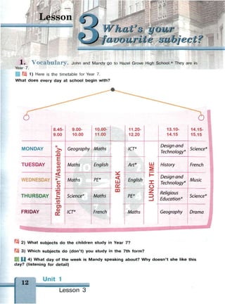 Lesson « j
"D.1
.! ' ' I J
^
W"ha~tJ
ts your
1 . V o c a b u l a r y . John and Mandy go to Hazel Grove High School.* They are in
Year 7.
1 P5j 1) Here is the timetable for Year 7.
What does every day at school begin with?
MONDAY
TUESDAY
WEDNESDAY
THURSDAY
FRIDAY
8.45-
9.00
*
>>
E
0)
CO
CO
<
с
о
CO
О)
9.00-
10.00
Geography
Maths
Maths
Science*
ICT*
10.00-
11.00
Maths
English
PE*
Maths
French
<
Ш
OH
00
11.20-
12.20
ICT*
Art*
English
PE*
Maths
Ш
r -
O -
—1
13.10-
14.15
Design and
Technology*
History
Design and
Technology*
Religious
Education*
Geography
14.15-
15.15
Science*
French
Music
Science*
Drama
3 2) What subjects do the children study in Year 7?
Щ 3) Which subjects do (don't) you study in the 7th form?
| Ц 4) What day of the week is Mandy speaking about? Why doesn't she like this
day? (listening for detail)
12
Unit 1
Lesson 3
 