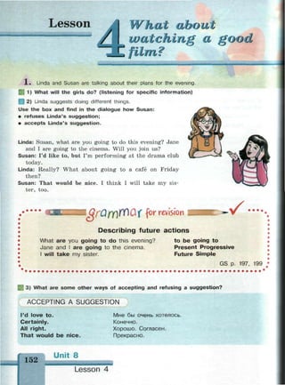 Lesson J What about
watching a
С film?
y
оо d
1 . Linda and Susan are talking about their plans for the evening.
5Я 1) What will the girls do? (listening for specific information)
| 2) Linda suggests doing different things.
Use the box and find in the dialogue how Susan:
• refuses Linda's suggestion;
• accepts Linda's suggestion.
Linda: Susan, what are you going to do this evening? Jane
and I are going to the cinema. Will you join us?
Susan: I'd like to, but I'm performing at the drama club
today.
Linda: Really? What about going to a cafe on Friday
then?
Susan: That would be nice. I think I will take my sis­
ter, too.
I QfUffT(&i for revision
Describing future actions
.^f • • • •
What are you going to do this evening?
Jane and I are going to the cinema.
I will take my sister.
to be going to
Present Progressive
Future Simple
GS p. 197, 199
3) What are some other ways of accepting and refusing a suggestion?
ACCEPTING A SUGGESTION
I'd love to.
Certainly.
All right.
That would be nice.
Мне бы очень хотелось.
Конечно.
Хорошо. Согласен.
Прекрасно.
152
Unit 8
Lesson 4
 