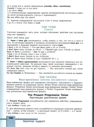 в) в конце или в начале предложения (usually, often, sometimes):
Usually I hang out in the park.
I go there often.
г) в вопросительных предложениях наречия неопределённой частотности ставят­
ся после вспомогательного глагола и подлежащего:
Do you often play the piano?
2 . Наречия определённой частотности стоят в конце предложения:
I go to a drama club twice a week.
THE VERB
Глагол
Глаголом называется часть речи, которая обозначает действие или состояние
лица или предмета.
Have and have got
1 . Have и have got используются, чтобы сказать о том, что что-то у кого-то
есть. В настоящем времени в основном используется конструкция have got, а в
прошедшем и будущем времени используется глагол have.
I have a lot of friends. = I've got (have got) a lot of friends.
I don't have many friends at school. = I haven't got many friends at school.
Does he have a problem? = Has he got a problem?
I had a lot of friends when I was a child.
I didn't have many friends in my childhood.
Did you have many friends in your childhood? И т. д.
Л. Have + object (дополнение) используется для описания привычных или по­
вторяющихся действий. На русский язык такие сочетания переводятся с по­
мощью глагола, значение которого зависит от значения дополнения.
We have fun each time we get together. — М ы веселимся всякий раз, когда
собираемся вместе.
She has English on Wednesdays. — Она занимается английским языком по средам.
THE TENSES
Видо-временная система английского глагола
Видо-временные формы для выражения настоящего, прошедшего и будущего
времени делятся на следующие группы: Simple Tenses (простые видо-временные
формы), Progressive Tenses (длительные видо-временные формы), Perfect Tenses
(совершенные видо-временные формы) и Perfect Progressive Tenses (совершен­
ные длительные видо-временные формы).
The Present Progressive Tense
Настоящее длительное время
1 . Present Progressive употребляется для выражения действия, совершающе­
гося в момент речи:
I am reading a book now.
2 . Для обозначения момента речи употребляются следующие указатели времени:
now — сейчас, at this moment — в настоящий момент, at 5 o'clock — в 5 часов:
I am writing a new novel at the moment.
e ~ II - I I I I
Grammar support
196
 