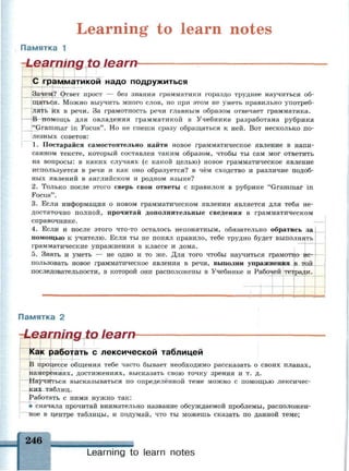 Learning to learn notes
Памятка 1
С грамматикой надо подружиться
Зачем? Ответ прост — без знания грамматики гораздо труднее научиться об­
щаться. Можно выучить много слов, но при этом не уметь правильно употреб­
лять их в речи. За грамотность речи главным образом отвечает грамматика.
В помощь для овладения грамматикой в Учебнике разработана рубрика
"Grammar in Focus". Но не спеши сразу обращаться к ней. Вот несколько по­
лезных советов:
1. Постарайся самостоятельно найти новое грамматическое явление в напи­
санном тексте, который составлен таким образом, чтобы ты сам мог ответить
на вопросы: в каких случаях (с какой целью) новое грамматическое явление
используется в речи и как оно образуется? в чём сходство и различие подоб­
ных явлений в английском и родном языке?
2. Только после этого сверь свои ответы с правилом в рубрике "Grammar in
Focus".
3. Если информация о новом грамматическом явлении является для тебя не­
достаточно полной, прочитай дополнительные сведения в грамматическом
справочнике.
4. Если и после этого что-то осталось непонятным, обязательно обратись за
помощью к учителю. Если ты не понял правило, тебе трудно будет выполнять
грамматические упражнения в классе и дома.
5. Знать и уметь — не одно и то же. Для того чтобы научиться грамотно ис­
пользовать новое грамматическое явления в речи, выполни упражнения в той
последовательности, в которой они расположены в Учебнике и Рабочей тетради.
Памятка 2
Learning to learn
Как работать с лексической таблицей
В процессе общения тебе часто бывает необходимо рассказать о своих планах,
намерениях, достижениях, высказать свою точку зрения и т. д.
Научиться высказываться по определённой теме можно с помощью лексичес­
ких таблиц.
Работать с ними нужно так:
• сначала прочитай внимательно название обсуждаемой проблемы, расположен­
ное в центре таблицы, и подумай, что ты можешь сказать по данной теме;
246
Learning to learn notes
 