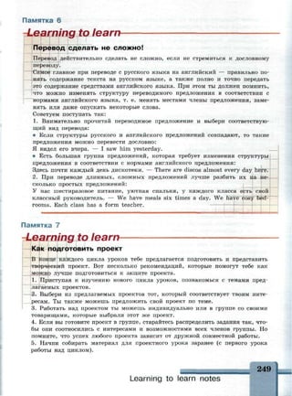 Памятка 6
arrt
Перевод сделать не сложно!
Перевод действительно сделать не сложно, если не стремиться к дословному
переводу.
Самое главное при переводе с русского языка на английский — правильно по­
нять содержание текста на русском языке, а также полно и точно передать
это содержание средствами английского языка. При этом ты должен помнить,
что можно изменять структуру переводимого предложения в соответствии с
нормами английского языка, т. е. менять местами члены предложения, заме­
нять или даже опускать некоторые слова.
Советуем поступать так:
1. Внимательно прочитай переводимое предложение и выбери соответствую­
щий вид перевода:
• Если структуры русского и английского предложений совпадают, то такие
предложения можно перевести дословно:
Я видел его вчера. — I saw him yesterday.
• Есть большая группа предложений, которая требует изменения структуры
предложения в соответствии с нормами английского предложения:
Здесь почти каждый день дискотеки. — There are discos almost every day here.
2. При переводе длинных, сложных предложений лучше разбить их на не­
сколько простых предложений:
1 — I —
У нас шестиразовое питание, уютная спальня, у каждого класса есть свой
классный руководитель. — We have meals six times a day. We have cosy bed­
rooms. Each class has a form teacher.
Памятка 7
-Learning to learn-
Как подготовить проект
каждого цикла уроков тебе предлагается подготовить и представить
творческий проект. Вот несколько рекомендаций, которые помогут тебе как
можно лучше подготовиться к защите проекта.
1. Приступая к изучению нового цикла уроков, познакомься с темами пред­
лагаемых проектов.
2. Выбери из предлагаемых проектов тот, который соответствует твоим инте­
ресам. Ты также можешь предложить свой проект по теме.
3. Работать над проектом ты можешь индивидуально или в группе со своими
товарищами, которые выбрали этот же проект.
4. Если вы готовите проект в группе, старайтесь распределить задания так, что­
бы они соотносились с интересами и возможностями всех членов группы. Но
помните, что успех любого проекта зависит от дружной совместной работы.
5. Начни собирать материал для проектного урока заранее (с первого урока
работы над циклом).
249
Learning to learn notes
 