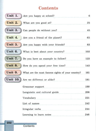 Contents
U n i t 1. | Are you happy at school? 6
U n i t 2 . What are you good at? 25
, • - .,
I U n i t 3 . I Can people do without you? 45
U n i t 4 . Are you a friend of the planet? 65
U n i t 5. > Are you happy with your friends? 83
(tpti*
U n i t 6. What is best about your country? 103
• U n i t 7. Do you have an example to follow? 123
U n i t 8. How do you spend your free time? 143
U n i t 9 . What are the most famous sights of your country? 161
U n i t 1 0 . J Are we different or alike? 181
Grammar support 188
Languistic and cultural guide
Vocabulary
List of names
Irregular verbs
Learning to learn notes
206
221
242
244
246
252
Contents
 