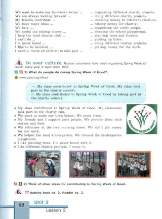We want to make our hometown better ...
We are always looking forward ...
My friends contribute ...
We have many ideas ...
We help ...
We spend the raising money ...
I help the local charity club ...
I can't do ...
I'm never bored ...
I like to be involved ...
I want to invite all children to take part ...
... organising different charity projects.
... doing different charity projects.
... donating money to different charities.
... raising money for charity.
... supporting the needy people.
... cleaning the school playground.
... planting trees and flowers.
... picking up litter.
... doing different charity projects.
... getting money for the work.
O . I n . y o u r C u l t u r e . Russian volunteers have been organising Spring Week of
Good* every year in April since 1998.
3 1^1) What do people do during Spring Week of Good?
ф www.gysd.org/about
— My class contributed to Spring Week of Good. My class took
part in the charity concert.
— My class contributed to Spring Week of Good by taking part in *
the charity concert.
• My class contributed to Spring Week of Good. My classmates
took part in the charity run.
• We want to make our town better. We plant trees.
• My friends and I support poor people. We provide them with
clothes and food.
• We volunteer at the local nursing home. We don't get money
for our work.
• We helped the local kindergarten. We cleaned the kindergarten
playground.
• I like planting trees. I'm never bored with it.
• I do different charity projects. I enjoy it.
^ S J 2 ) Think of other ideas for contributing to Spring Week of Good.
D . 'V Activity book ex. 2. Reader ex. 2.
52
Unit 3
Lesson 2
 