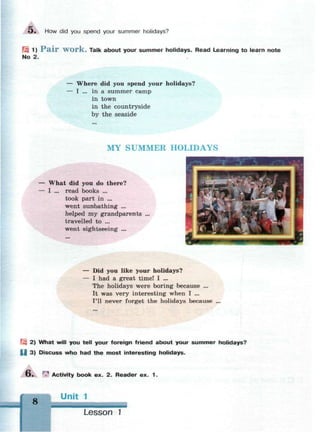 Э . How did you spend your summer holidays?
Щ 1) P a i r W O r k . Talk about your summer holidays. Read Learning to learn note
No 2.
— Where did you spend your holidays?
— I ... in a summer camp
in town
in the countryside
by the seaside
MY SUMMER HOLIDAYS
— What did you do there?
— I ... read books ...
took part in ...
went sunbathing ...
helped my grandparents
travelled to ...
went sightseeing ...
— Did you like your holidays?
— I had a great time! I ...
The holidays were boring because ...
It was very interesting when I ...
I'll never forget the holidays because ...
Щ 2) What will you tell your foreign friend about your summer holidays?
| | 3) Discuss who had the most interesting holidays.
O . r
^ Activity book ex. 2. Reader ex. 1 .
8
 