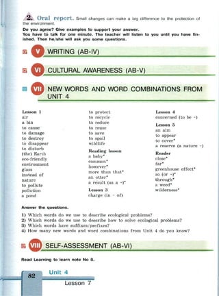 Л, O r a l r e p o r t . Small changes can make a big difference to the protection of
the environment.
Do you agree? Give examples to support your answer.
You have to talk for one minute. The teacher will listen to you until you have fin­
ished. Then he/she will ask you some questions.
БЕ
ОWRITING (AB-IV)
В ^ У CULTURAL AWARENESS (AB-V)
NEW WORDS AND WORD COMBINATIONS FROM
UNIT 4
Lesson 1
air
a bin
to cause
to damage
to destroy
to disappear
to disturb
(the) Earth
eco-friendly
environment
glass
instead of
nature
to pollute
pollution
a pond
to protect
to recycle
to reduce
to reuse
to save
to spoil
wildlife
Reading lesson
a baby*
common*
however*
more than that*
an otter*
a result (as a -)*
Lesson 3
charge (in ~ of)
Lesson 4
concerned (to be ~)
Lesson 5
an aim
to appear
to cover*
a reserve (a nature ~)
Reader
close*
far*
greenhouse effect*
so (or -)*
through*
a weed*
wilderness*
Answer the questions.
1) Which words do we use to describe ecological problems?
2) Which words do we use to describe how to solve ecological problems?
3) Which words have suffixes/prefixes?
4) How many new words and word combinations from Unit 4 do you know?
ш SELF-ASSESSMENT (AB-VI)
Read Learning to learn note No 8.
82
Unit 4
Lesson 7
 