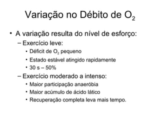 Variação no Débito de O2
• A variação resulta do nível de esforço:
– Exercício leve:
• Déficit de O2 pequeno
• Estado estável atingido rapidamente
• 30 s – 50%
– Exercício moderado a intenso:
• Maior participação anaeróbia
• Maior acúmulo de ácido lático
• Recuperação completa leva mais tempo.
 