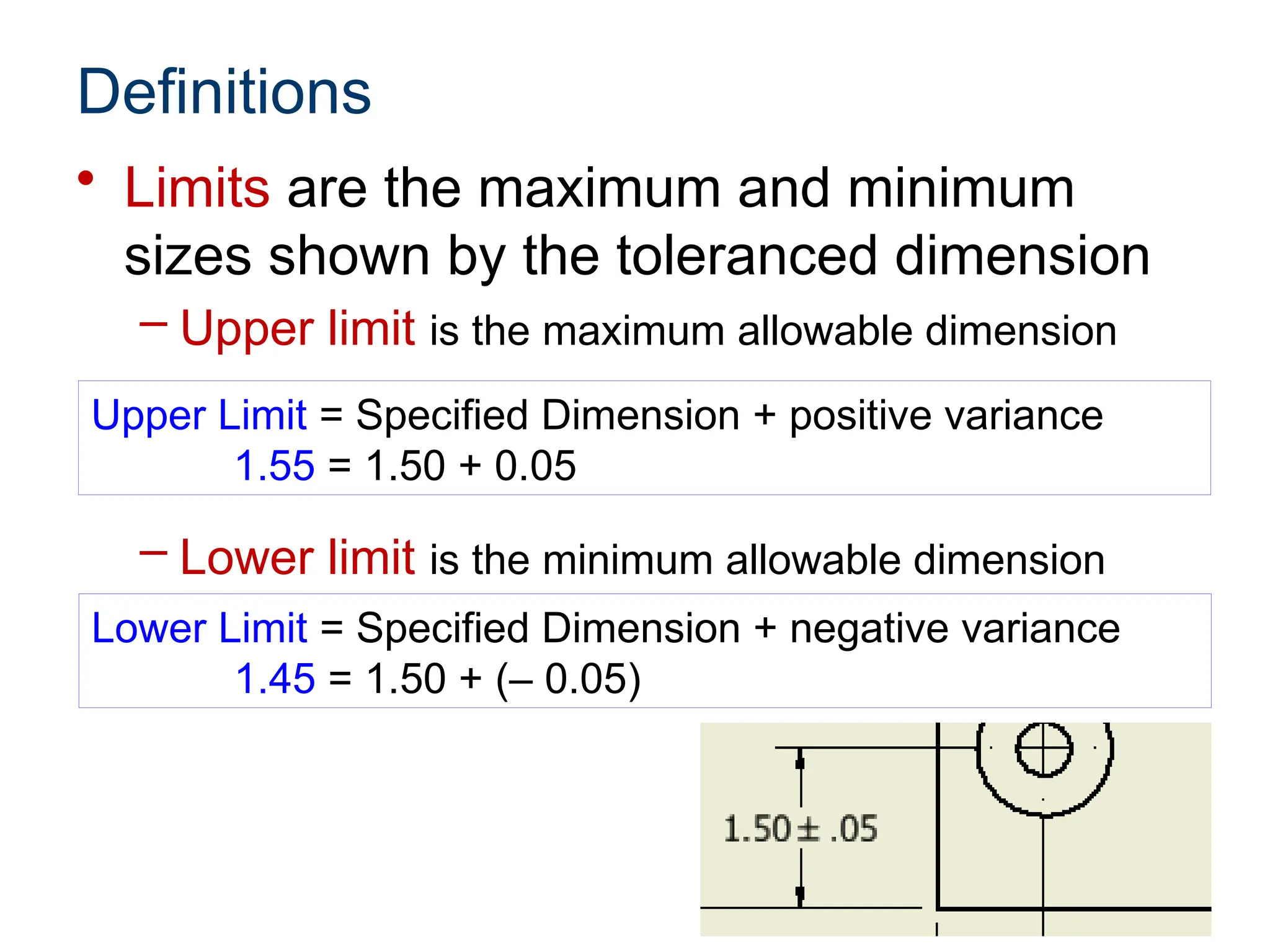 Definitions
• Limits are the maximum and minimum
sizes shown by the toleranced dimension
– Upper limit is the maximum allowable dimension
– Lower limit is the minimum allowable dimension
Upper Limit = Specified Dimension + positive variance
1.55 = 1.50 + 0.05
Lower Limit = Specified Dimension + negative variance
1.45 = 1.50 + (– 0.05)
 
