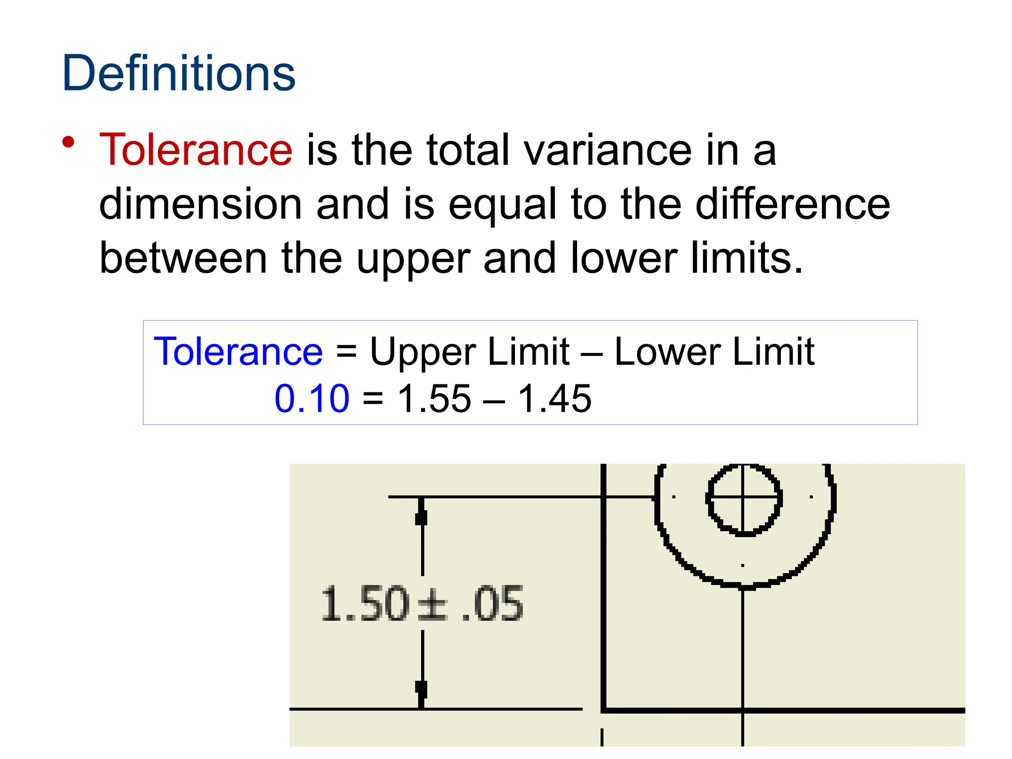 Definitions
• Tolerance is the total variance in a
dimension and is equal to the difference
between the upper and lower limits.
Tolerance = Upper Limit – Lower Limit
0.10 = 1.55 – 1.45
 
