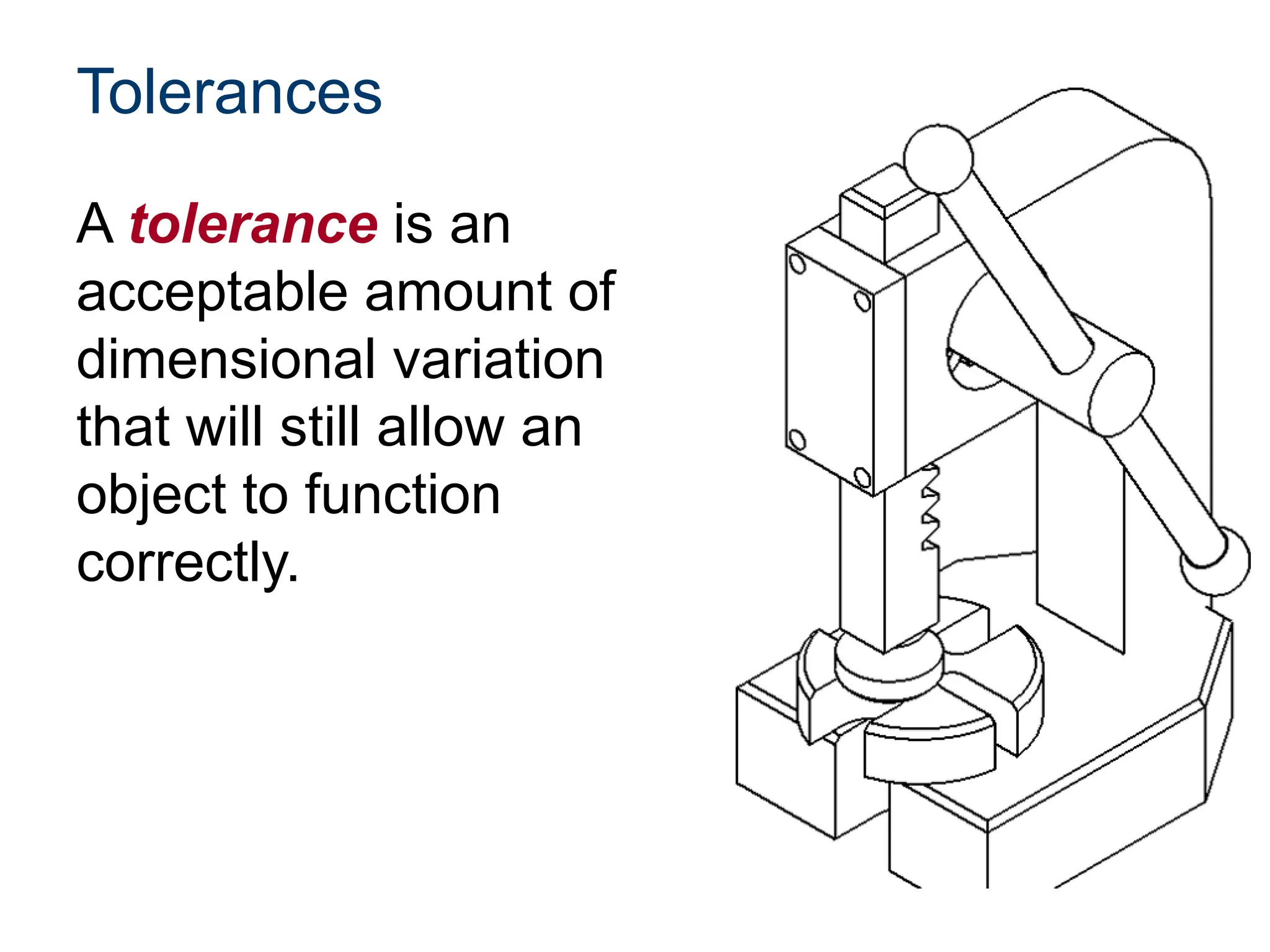 Tolerances
A tolerance is an
acceptable amount of
dimensional variation
that will still allow an
object to function
correctly.
 