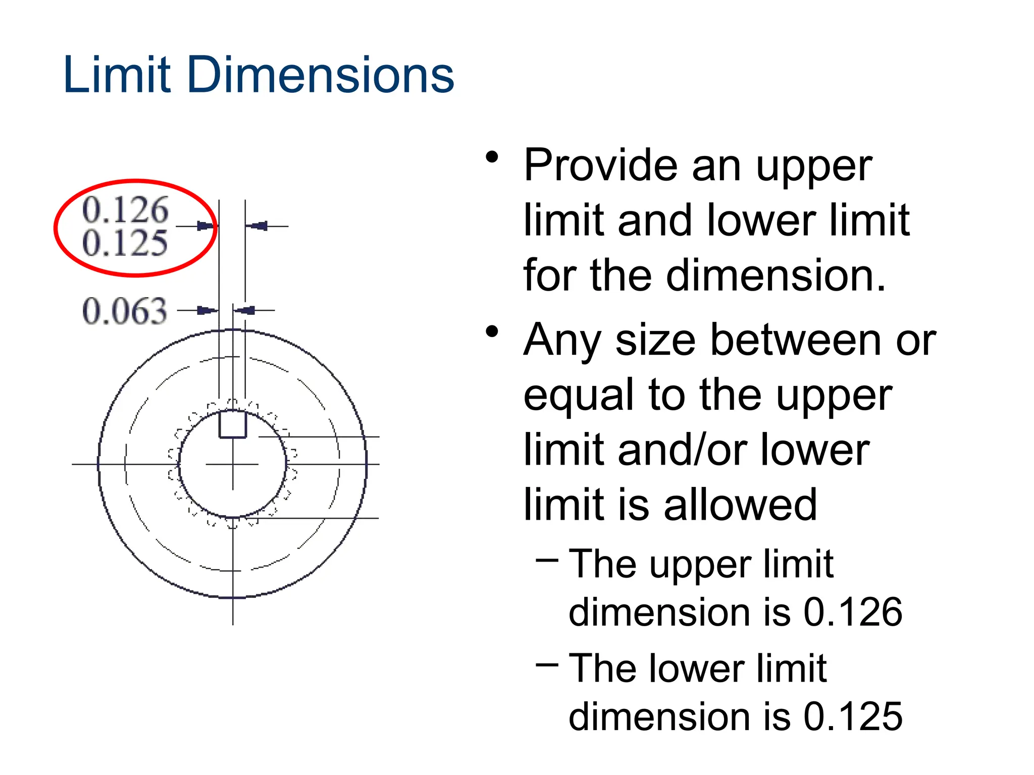 Limit Dimensions
• Provide an upper
limit and lower limit
for the dimension.
• Any size between or
equal to the upper
limit and/or lower
limit is allowed
– The upper limit
dimension is 0.126
– The lower limit
dimension is 0.125
 