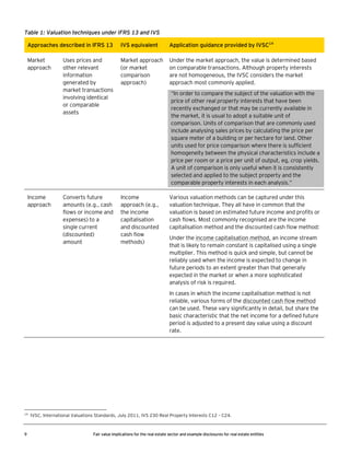 Table 1: Valuation techniques under IFRS 13 and IVS
Approaches described in IFRS 13

IVS equivalent

Application guidance provided by IVSC14

Market
approach

Uses prices and
other relevant
information
generated by
market transactions
involving identical
or comparable
assets

Market approach
(or market
comparison
approach)

Under the market approach, the value is determined based
on comparable transactions. Although property interests
are not homogeneous, the IVSC considers the market
approach most commonly applied.

Converts future
amounts (e.g., cash
flows or income and
expenses) to a
single current
(discounted)
amount

Income
approach (e.g.,
the income
capitalisation
and discounted
cash flow
methods)

Income
approach

“In order to compare the subject of the valuation with the
price of other real property interests that have been
recently exchanged or that may be currently available in
the market, it is usual to adopt a suitable unit of
comparison. Units of comparison that are commonly used
include analysing sales prices by calculating the price per
square meter of a building or per hectare for land. Other
units used for price comparison where there is sufficient
homogeneity between the physical characteristics include a
price per room or a price per unit of output, eg, crop yields.
A unit of comparison is only useful when it is consistently
selected and applied to the subject property and the
comparable property interests in each analysis.”
Various valuation methods can be captured under this
valuation technique. They all have in common that the
valuation is based on estimated future income and profits or
cash flows. Most commonly recognised are the income
capitalisation method and the discounted cash flow method:
Under the income capitalisation method, an income stream
that is likely to remain constant is capitalised using a single
multiplier. This method is quick and simple, but cannot be
reliably used when the income is expected to change in
future periods to an extent greater than that generally
expected in the market or when a more sophisticated
analysis of risk is required.
In cases in which the income capitalisation method is not
reliable, various forms of the discounted cash flow method
can be used. These vary significantly in detail, but share the
basic characteristic that the net income for a defined future
period is adjusted to a present day value using a discount
rate.

14

9

IVSC, International Valuations Standards, July 2011, IVS 230 Real Property Interests C12 – C24.

Fair value implications for the real estate sector and example disclosures for real estate entities

 