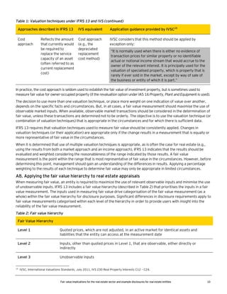 Table 1: Valuation techniques under IFRS 13 and IVS (continued)
Approaches described in IFRS 13

IVS equivalent

Application guidance provided by IVSC15

Cost
approach

Cost approach
(e.g., the
depreciated
replacement
cost method)

IVSC considers that this method should be applied by
exception only:

Reflects the amount
that currently would
be required to
replace the service
capacity of an asset
(often referred to as
current replacement
cost)

“It is normally used when there is either no evidence of
transaction prices for similar property or no identifiable
actual or notional income stream that would accrue to the
owner of the relevant interest. It is principally used for the
valuation of specialised property, which is property that is
rarely if ever sold in the market, except by way of sale of
the business or entity of which it is part.”

In practice, the cost approach is seldom used to establish the fair value of investment property, but is sometimes used to
measure fair value for owner-occupied property (if the revaluation option under IAS 16 Property, Plant and Equipment is used).
The decision to use more than one valuation technique, or place more weight on one indication of value over another,
depends on the specific facts and circumstances. But, in all cases, a fair value measurement should maximise the use of
observable market inputs. When available, observable market transactions should be considered in the determination of
fair value, unless these transactions are determined not to be orderly. The objective is to use the valuation technique (or
combination of valuation techniques) that is appropriate in the circumstances and for which there is sufficient data.
IFRS 13 requires that valuation techniques used to measure fair value should be consistently applied. Changes in
valuation techniques (or their application) are appropriate only if the change results in a measurement that is equally or
more representative of fair value in the circumstances.
When it is determined that use of multiple valuation techniques is appropriate, as is often the case for real estate (e.g.,
using the results from both a market approach and an income approach), IFRS 13 indicates that the results should be
evaluated and weighted considering the reasonableness of the range indicated by those results. A fair value
measurement is the point within the range that is most representative of fair value in the circumstances. However, before
determining this point, management should gain an understanding of the differences in results. Applying a percentage
weighting to the results of each technique to determine fair value may only be appropriate in limited circumstances.

A8. Applying the fair value hierarchy to real estate appraisals
When measuring fair value, an entity is required to maximize the use of relevant observable inputs and minimise the use
of unobservable inputs. IFRS 13 includes a fair value hierarchy (described in Table 2) that prioritises the inputs in a fair
value measurement. The inputs used in measuring fair value drive categorisation of the fair value measurement (as a
whole) within the fair value hierarchy for disclosure purposes. Significant differences in disclosure requirements apply to
fair value measurements categorised within each level of the hierarchy in order to provide users with insight into the
reliability of the fair value measurement.
Table 2: Fair value hierarchy
Fair Value Hierarchy
Level 1

Quoted prices, which are not adjusted, in an active market for identical assets and
liabilities that the entity can access at the measurement date

Level 2

Inputs, other than quoted prices in Level 1, that are observable, either directly or
indirectly

Level 3

Unobservable inputs

15

IVSC, International Valuations Standards, July 2011, IVS 230 Real Property Interests C12 – C24.

Fair value implications for the real estate sector and example disclosures for real estate entities

10

 