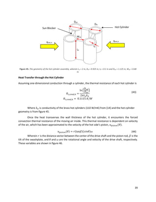 39
Figure 45. The geometry of the hot cylinder assembly, wherein Lh = 2 in, Dih = 0.925 in, th = 0.1 in and Doh = 1.125 in, Wsb = 0.68
in.
Heat Transfer through the Hot Cylinder
Assuming one-dimensional conduction through a cylinder, the thermal resistance of each hot cylinder is
𝑅𝑡,𝑐𝑜𝑛𝑑,ℎ =
ln (
𝐷 𝑜ℎ
𝐷𝑖ℎ
)
2𝜋𝑡ℎ 𝑘 𝑏
(43)
𝑅𝑡,𝑐𝑜𝑛𝑑,ℎ = 0.1115 𝐾/𝑊
Where 𝑘 𝑏 is conductivity of the brass hot cylinders (110 W/mK) from [14] and the hot cylinder
geometry is from figure 45.
Once the heat transverses the wall thickness of the hot cylinder, it encounters the forced
convection thermal resistance of the moving air inside. This thermal resistance is dependent on velocity
of the air, which has been approximated to the velocity of the hot side’s piston, 𝑢 𝑝𝑖𝑠𝑡𝑜𝑛(𝜃).
𝑢 𝑝𝑖𝑠𝑡𝑜𝑛(𝜃) = 𝑟(tan𝛽)(𝑠𝑖𝑛𝜃)𝜔 (44)
Wherein 𝑟 is the distance vector between the center of the drive shaft and the piston rod, 𝛽 is the
tilt of the swashplate, and 𝜃 and 𝜔 are the rotational angle and velocity of the drive shaft, respectively.
These variables are shown in figure 46.
Dih
Doh
Lh
Wsb
th
qnet,in
qnet,in
Hot CylinderSun Blocker
 