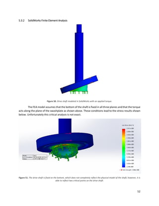 52
5.3.2 SolidWorks Finite Element Analysis
Figure 50. Drive shaft modeled in SolidWorks with an applied torque.
The FEA model assumes that the bottom of the shaft is fixed in all three planes and that the torque
acts along the plane of the swashplate as shown above. These conditions lead to the stress results shown
below. Unfortunately this critical analysis is not exact.
Figure 51. The drive shaft is fixed on the bottom, which does not completely reflect the physical model of the shaft; however, it is
able to reflect two critical points on the drive shaft.
 