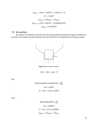 73
2𝑔 𝑚𝑖𝑛 = (0.33 − 0.0297) − (1.002𝑆𝑡′) = 0
𝑆𝑡′
= 0.2997
2𝑔 𝑚𝑎𝑥 = (𝑆𝑙) 𝑀𝑀𝐶 − (𝑆𝑡) 𝐿𝑀𝐶
2𝑔 𝑚𝑎𝑥 = (0.33 + 0.0297) − (0.998(0.2997))
2𝑔 𝑚𝑎𝑥 = 0.0302997
7.3 KEY AND GEAR
An analysis is conducted to find the min and max gap tolerance between the gear and the key on
the shaft. This analysis concludes that both loose and press fits are functional fits for the gear and key.
Figure 56. Key and gear clearance.
𝐺𝑒𝑎𝑟 − 𝐾𝑒𝑦 − 𝑔𝑎𝑝 = 0
Key:
(Silica Investment Casting) 0.06 =
𝛥𝐾
0.125
𝛥𝐾 = 0.0075
𝐾′
+ 𝛥𝐾 = 0.125 ± 0.0075
Gear:
(Machining) 0.005 =
𝛥𝐺
0.13
𝛥𝐺 = 0.00075
𝐺′
+ 𝛥𝐺 = 0.13 ± 0.00065
2𝑔 𝑚𝑎𝑥 = (𝐺) 𝑀𝑀𝐶 − (𝐾) 𝐿𝑀𝐶
 