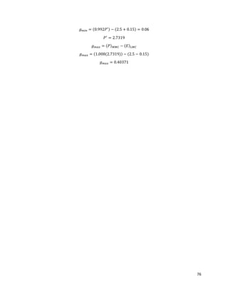 76
𝑔 𝑚𝑖𝑛 = (0.992𝑃′) − (2.5 + 0.15) = 0.06
𝑃′
= 2.7319
𝑔 𝑚𝑎𝑥 = (𝑃) 𝑀𝑀𝐶 − (𝐸) 𝐿𝑀𝐶
𝑔 𝑚𝑎𝑥 = (1.008(2.7319)) − (2.5 − 0.15)
𝑔 𝑚𝑎𝑥 = 0.40371
 