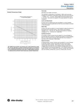 1.40
1.30
1.20
1.10
1.00
0.90
-20 -10 0 10 20 30 40 50
Ambient Temperature T [°C]
Maximum load I at Ambient Temperature T:L
LI (T) = I K (T)Tn
LoadFactorK[I/I]Tn
Influence of Ambient Temperature (T)
on Load-Carrying Capacity
The 1489-D circuit breaker can function over a wide temperature range
(-30...+60 °C). Operation in ambient temperatures below 0 °C is based on
a non condensing atmosphere (no ice). Use the graph above or contact
your local Rockwell Automation sales office or Allen-Bradley distributor
to determine the correction factor based upon ambient temperature.
Terminals
Standard wire (cable) connection
The standard configuration of the Bulletin 1489 is with terminals
suitable for connection of stranded copper wire of the wire size #18
… 8 AWG (1.0 … 10 mm2). Strip length for the termination is 0.5
in. (12 mm). Terminals are shipped in the open position for ease of
installation.
Lock-out Attachment
A sturdy lock-out attachment may be added to a circuit breaker.
This lock-out may be padlocked so that the circuit breaker is locked
in the off position.
Shunt Trip
A shunt trip may be added to a circuit breaker to allow the device to
be tripped from a remote source. One version is for tripping
voltages of 12…110V AC (12…60V DC) and another for tripping
voltages of 110…415V AC (110…230V DC).
Auxiliary Contacts
An auxiliary contact module may be added to a circuit breaker to
provide pilot duty contacts to indicate the position of circuit breaker,
off or on. This contact changes state when the circuit breaker is
operated either manually or electrically.
Signal Contacts
A signal/auxiliary contact module may be added to a circuit breaker
to provide auxiliary contact information off and on and signal
contact pilot duty contacts. With signal contacts, the contacts
change state only when the circuit breaker changes state from On
to Off because of an electrical operation. The module contains one
signal contact, form C contact (N.O. and N.C contact with common)
and one auxiliary contact (N.O. and N.C contact with common).
Ambient Temperature Graph
Description
Visit our website: www.ab.com/catalogs
Publication 1489-SG001D-EN-P 21
Bulletin 1489-D
Circuit Breaker
 