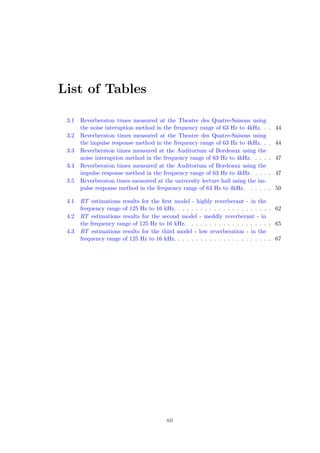 List of Tables
3.1 Reverberaton times measured at the Theatre des Quatre-Saisons using
the noise interuption method in the frequency range of 63 Hz to 4kHz. . . 44
3.2 Reverberaton times measured at the Theatre des Quatre-Saisons using
the impulse response method in the frequency range of 63 Hz to 4kHz. . . 44
3.3 Reverberaton times measured at the Auditorium of Bordeaux using the
noise interuption method in the frequency range of 63 Hz to 4kHz. . . . . 47
3.4 Reverberaton times measured at the Auditorium of Bordeaux using the
impulse response method in the frequency range of 63 Hz to 4kHz. . . . . 47
3.5 Reverberaton times measured at the university lecture hall using the im-
pulse response method in the frequency range of 63 Hz to 4kHz. . . . . . 50
4.1 RT estimations results for the ﬁrst model - highly reverberant - in the
frequency range of 125 Hz to 16 kHz. . . . . . . . . . . . . . . . . . . . . . 62
4.2 RT estimations results for the second model - meddly reverberant - in
the frequency range of 125 Hz to 16 kHz. . . . . . . . . . . . . . . . . . . 65
4.3 RT estimations results for the third model - low reverberation - in the
frequency range of 125 Hz to 16 kHz. . . . . . . . . . . . . . . . . . . . . . 67
xii
 